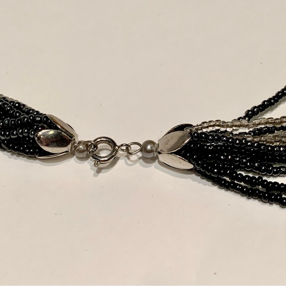 Vintage Murano Black Silver Glass Seed Bead Multi Strand Crystal Necklace 25” - Picture 10 of 10